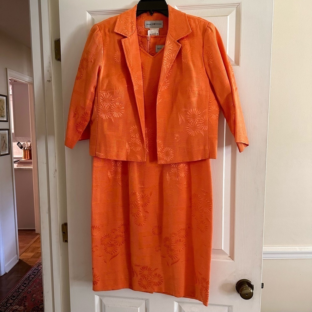 Sharon Young Orange Floral Sleeveless Sheath Dress with Matching Jacket Size 6